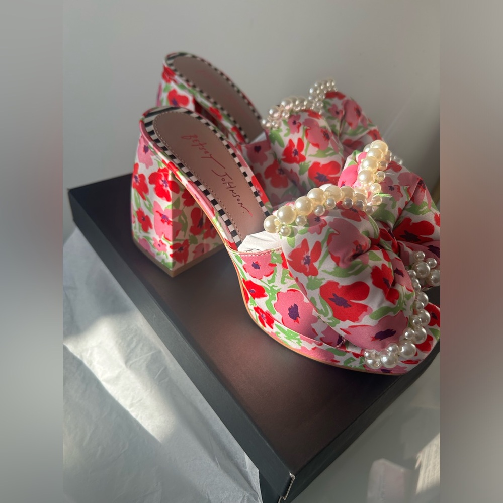 Betsey Johnson Pink and White Heels with Floral Design